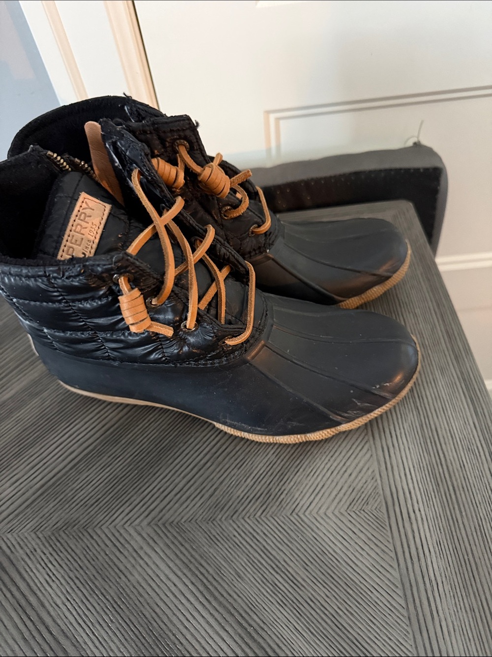 Sperry Black Rain Duck Boots with Brown Laces - Picture 2 of 5